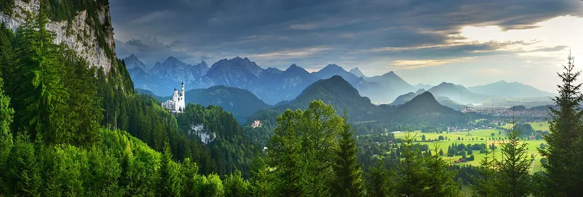 Neuschwanstein Castle above forested Bavarian hills.