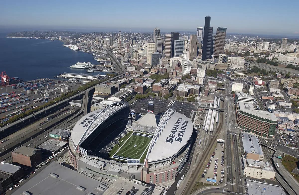 Aerial view of Lumen Field and the downtown Seattle skyline.
