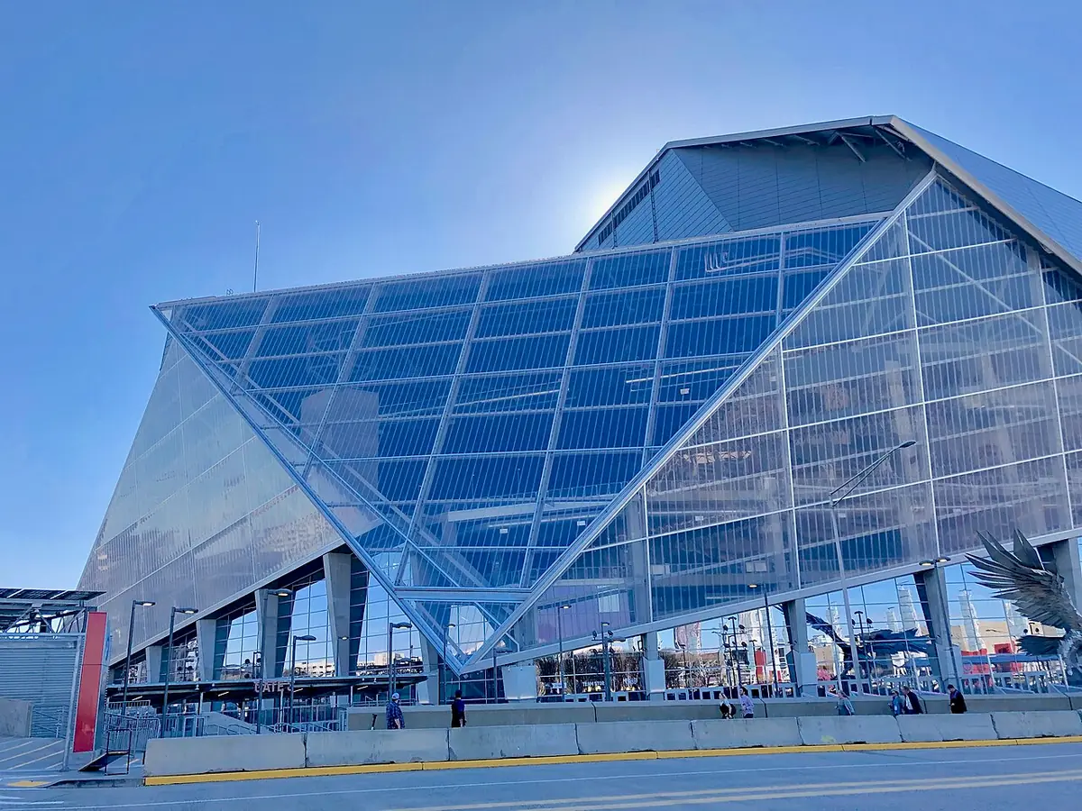 Mercedes-Benz Stadium in downtown Atlanta with its retractable pinwheel roof.