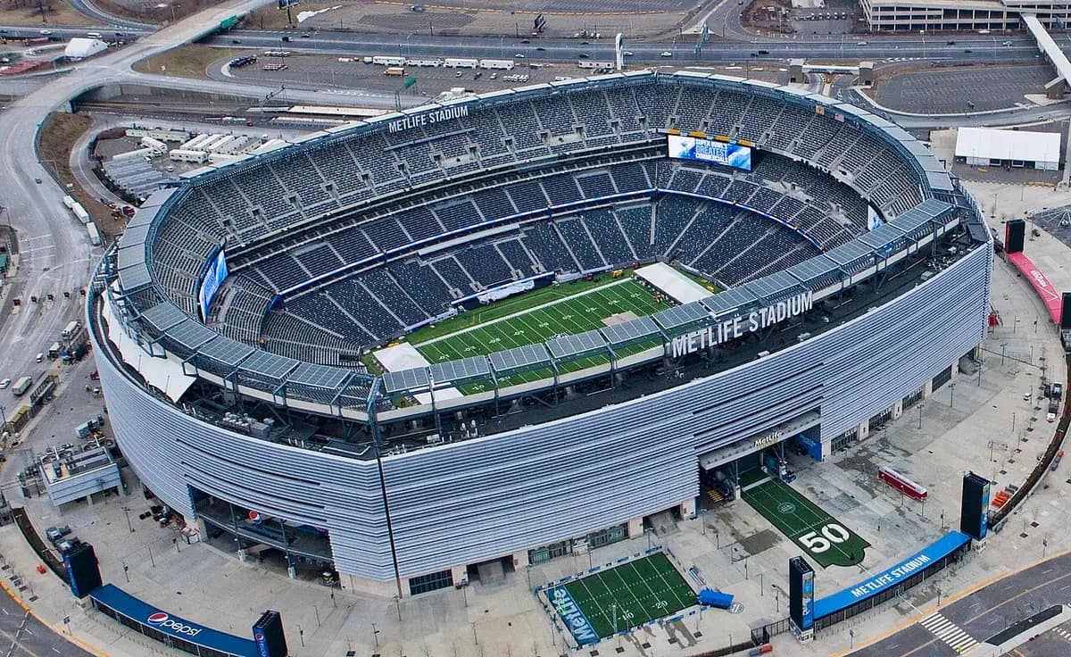 MetLife Stadium from the air in the New Jersey Meadowlands.
