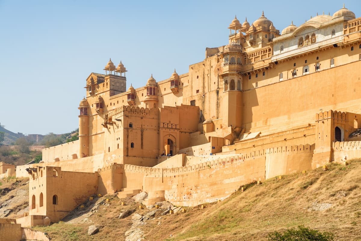 The ramparts and courtyards of Amer Fort climbing the hillside above Jaipur.