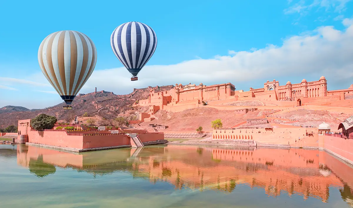 Amer Fort near Jaipur reflected in Maota Lake, Rajasthan.
