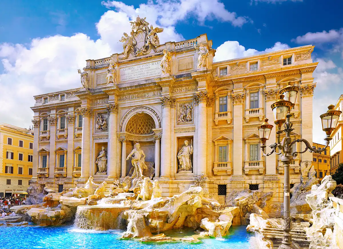 The Trevi Fountain in Rome with its baroque sculptures.